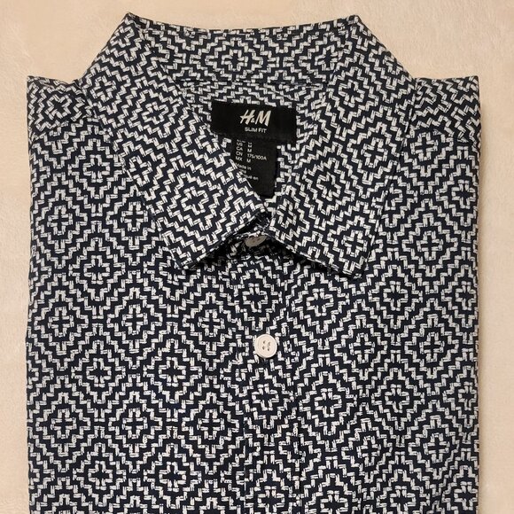 H&M Blue & White Geometric Print Slim Fit Long Sleeve Casual Shirt Mens Medium - Picture 1 of 11